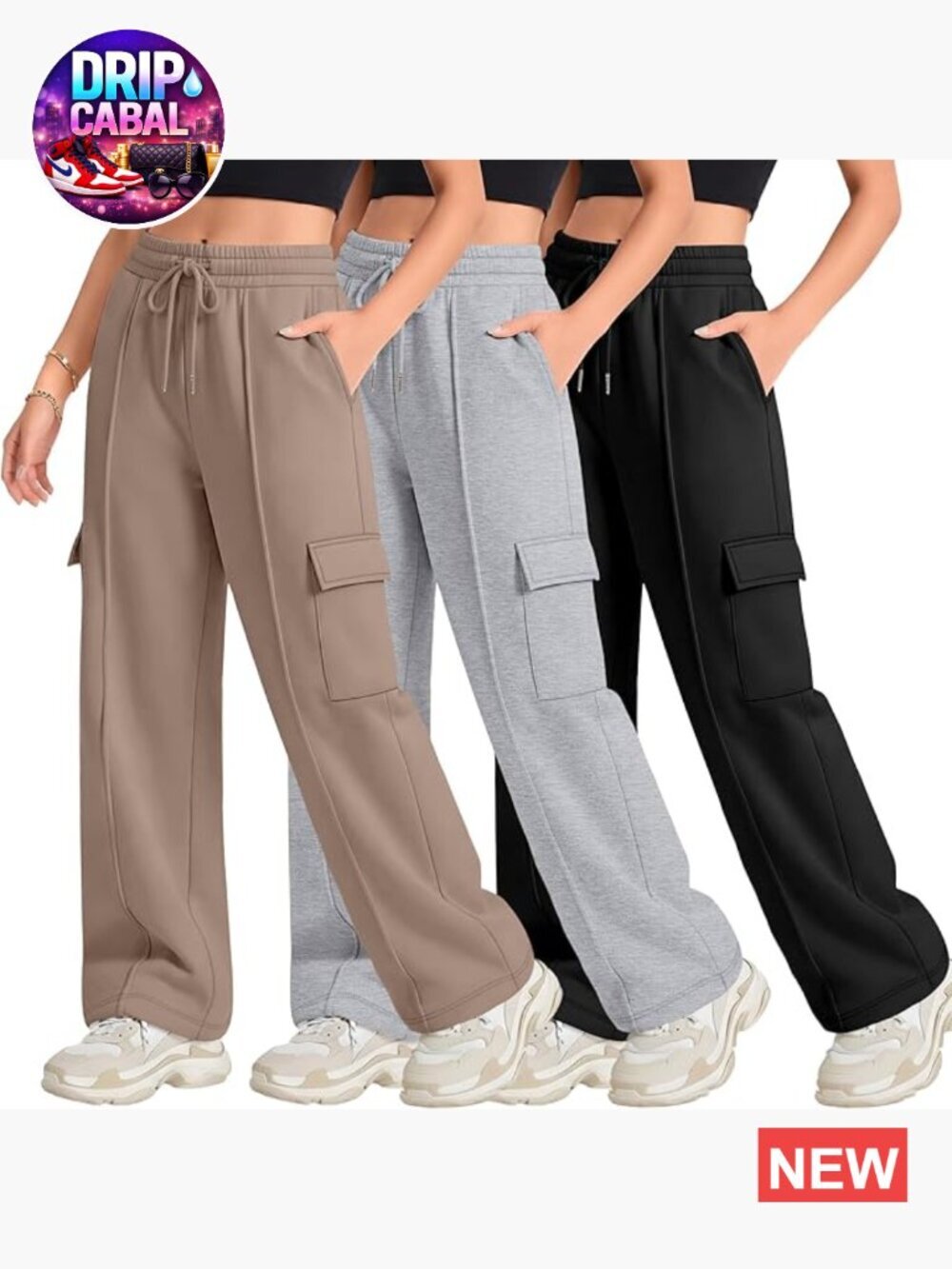 3 Pack Girls Cargo Sweatpants Wide Leg High Waisted Baggy Drawstring Athletic